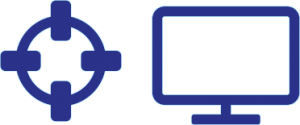 A blue crosshair is next to a blue icon of a computer monitor on a light background, symbolizing cybersecurity and digital vigilance.