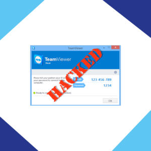 Screenshot van een TeamViewer inlogvenster met het woord "HACKED" in rood gestempeld over de interface, wat het belang van cyberbeveiliging en robuuste beveiligingsmonitoring benadrukt.
