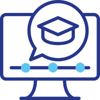 Pictogram van een computermonitor met een tekstballon met een afstudeercap, symbool voor online onderwijs of e-learning in cyberbeveiliging en beveiligingsbewaking.