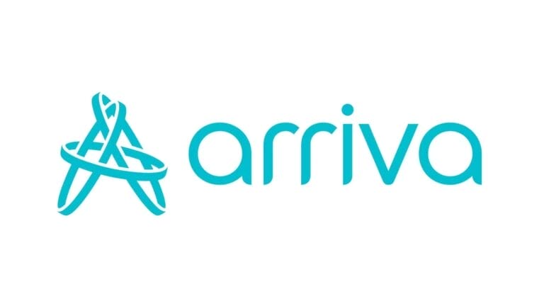 The image shows the Arriva logo, featuring a stylized letter "A" followed by the word "arriva" in lowercase blue letters on a white background, evoking trust—an essential quality in the world of cybersecurity and cyberbeveiliging.