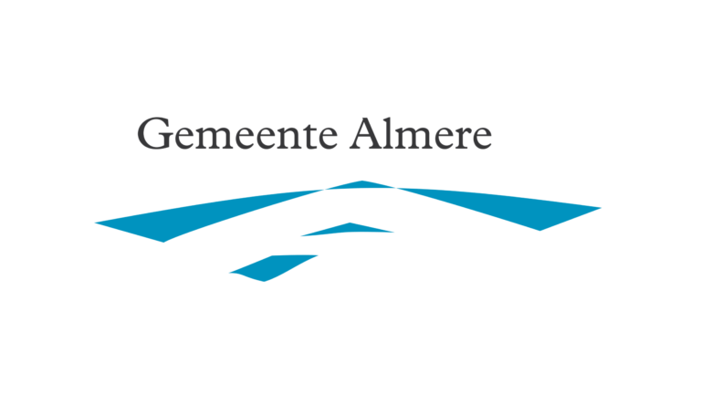 Logo of Gemeente Almere featuring black serif text above an abstract blue and white geometric design on a white background, symbolizing the city’s commitment to cybersecurity and innovation.