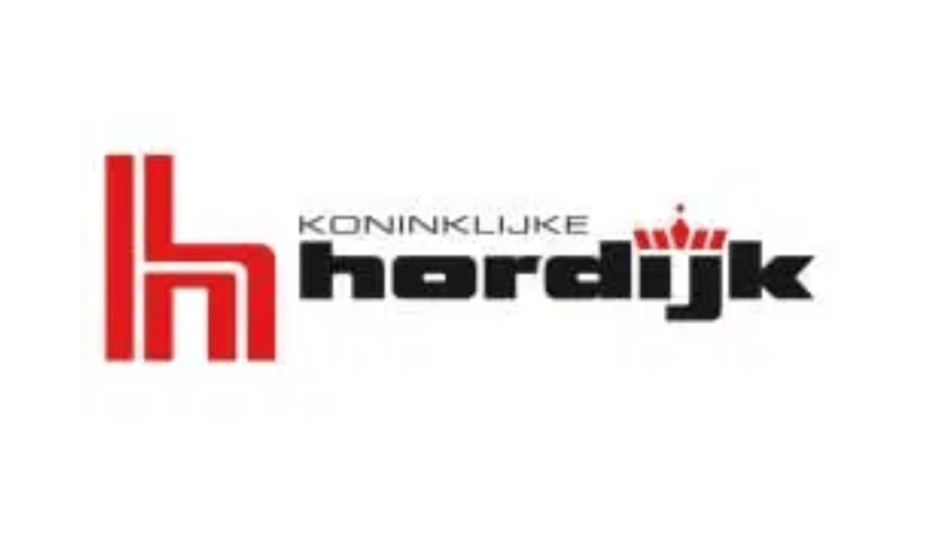 Koninklijke Hordijk logo with a red abstract “h” symbol on the left and stylized black text “hordijk” with a crown over the letter “i” on the right, reflecting expertise in cyberbeveiliging and incidentrespons.
