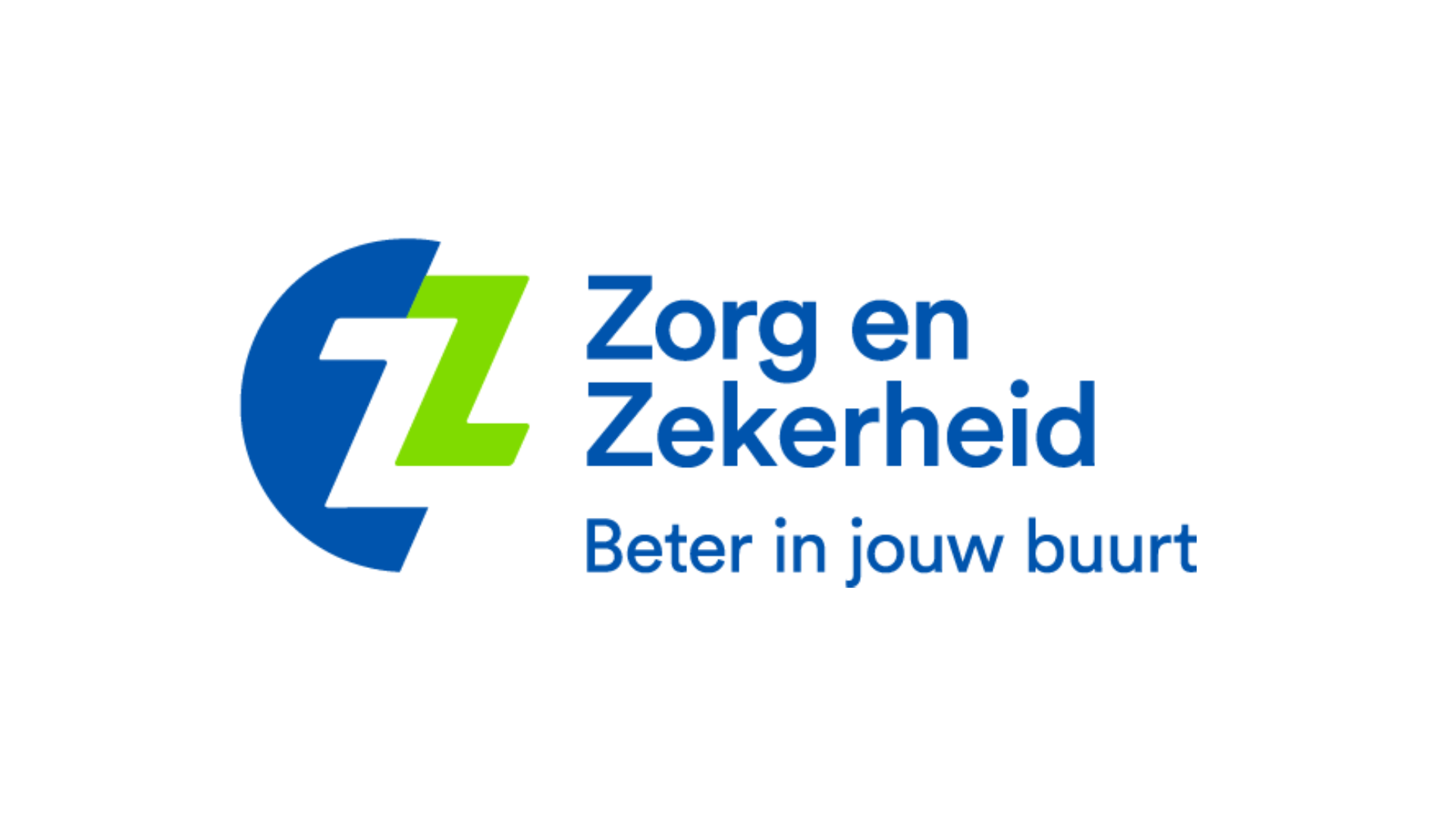 Logo of Zorg en Zekerheid with stylized blue and green "ZZ" symbol and the Dutch text "Zorg en Zekerheid, Beter in jouw buurt" on a white background, reflecting a commitment to zorg én cyberbeveiliging in jouw buurt.