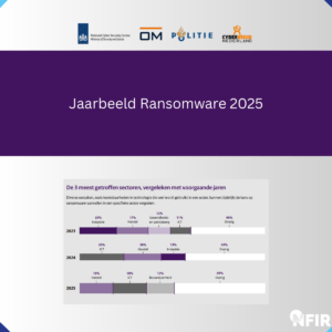 Infographic getiteld "Jaarbeeld Ransomware 2025" toont een staafdiagram van de impact van ransomware per sector - IT, handel, industrie, gezondheidszorg - voor 2023, 2024 en 2025 in Nederland.