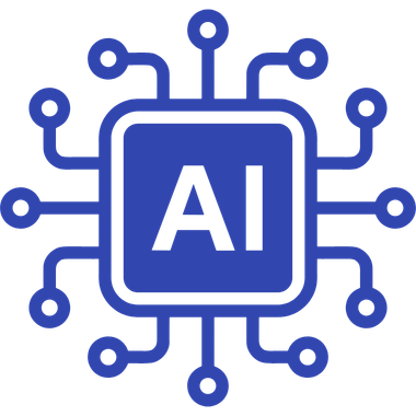 Blauw pictogram van een microchip met de letters "AI" in het midden, omringd door circuitachtige lijnen die de technologie van kunstmatige intelligentie symboliseren.